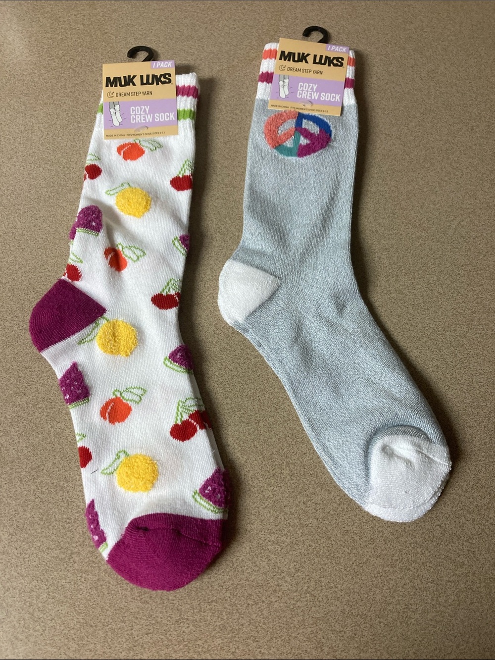 Muk Luks Fruit & Peace Cozy Crew Socks - White Multi & Light Blue